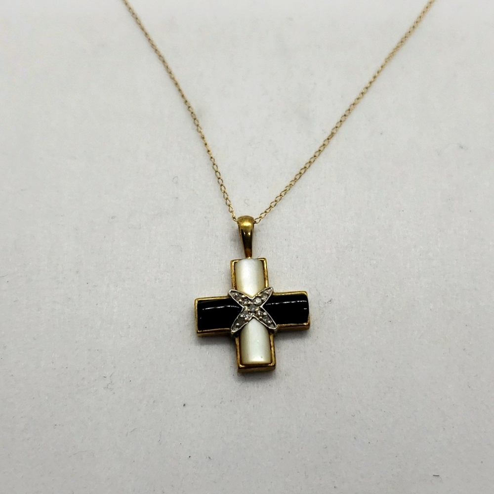 10k Diamond Cross Mother of Pearl & Onyx Pendant